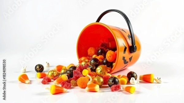 Fototapeta A small orange halloween bucket with a black pumpkin face design tipped over spilling assorted Halloween candies, mix of candy corn, gummy worms, gold foil-wrapped chocolates.