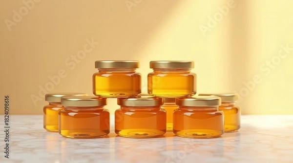 Fototapeta A neatly arranged pyramid of small glass honey jars with golden lids filled with rich amber honey against the beautiful background.