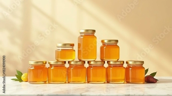 Fototapeta A neatly arranged pyramid of small glass honey jars with golden lids filled with rich amber honey against the beautiful background.
