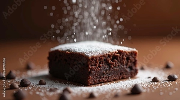 Fototapeta Delicious chocolate brownie dusted with powdered sugar on a brown background presenting a tempting dessert delight.
