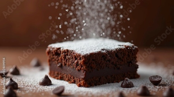 Fototapeta Delicious chocolate brownie dusted with powdered sugar on a brown background presenting a tempting dessert delight.