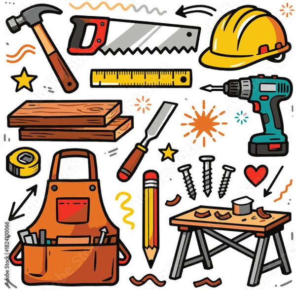 Obraz Carpenter Doodle Flat Illustration Set