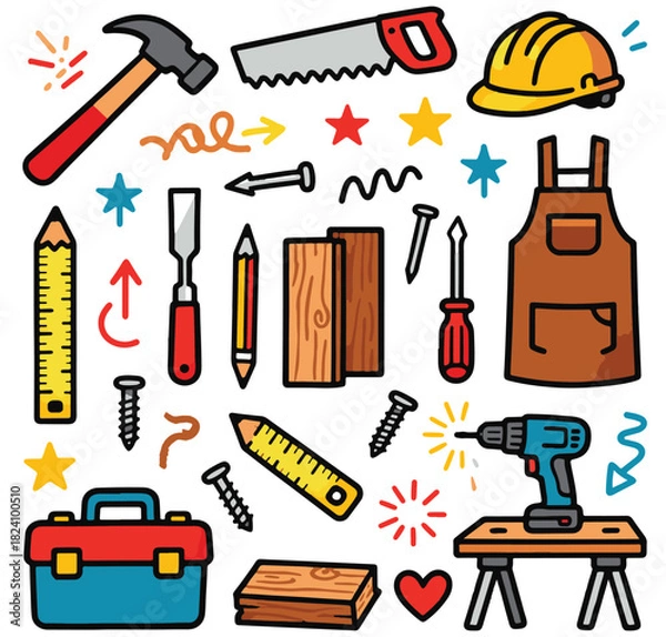 Obraz Carpenter Doodle Flat Illustration Set