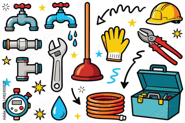 Obraz Plumber Doodle Flat Illustration Set