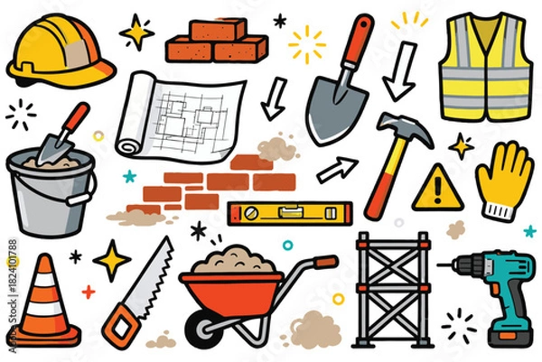 Obraz Construction Worker Doodle Flat Set