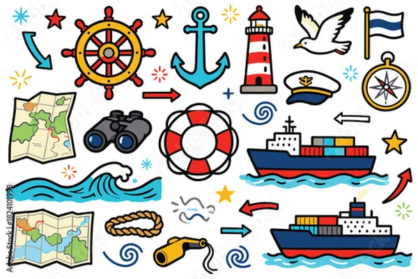 Obraz Sailor Doodle Flat Illustration Set