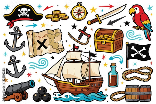 Obraz A fun flat-color doodle set featuring pirate elements such as ships, treasure chests, skulls, swords, maps, anchors, parrots, cannons, and adventure symbols, perfect for playful pirate-themed illustra