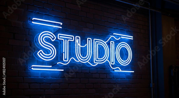 Fototapeta Bright blue neon studio sign glowing on a dark brick wall creating a modern artistic atmosphere in an indoor creative space