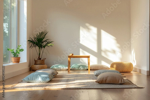 Fototapeta Bright room with natural light and minimalist decor