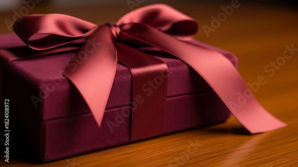 Fototapeta Close up of a luxurious burgundy gift box tied with a satin bow