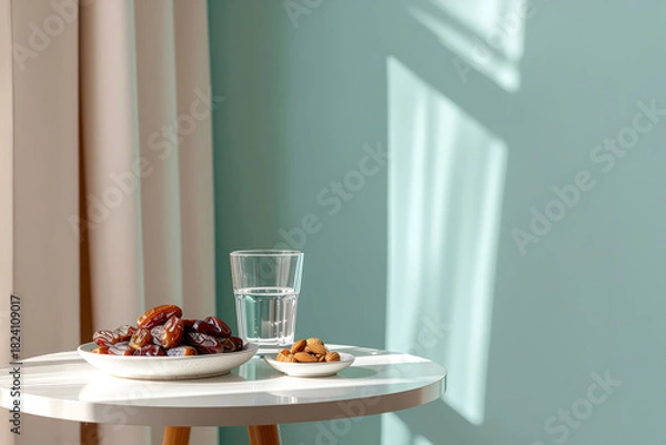 Fototapeta Dates almonds and water on table with sunlight