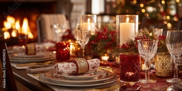 Fototapeta Christmas dinner table setting in red and gold tones with candles, fireplace in background, elegant festive atmosphere.