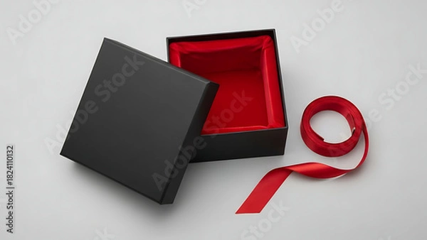 Fototapeta Open black gift box with red satin lining and ribbon on white