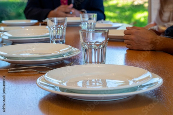 Obraz Dining table setting with clean plates and glasses