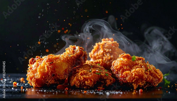 Fototapeta Enjoy sizzling, crispy fried chicken with savory spices and tantalizing smoke, perfect for a delicious meal or restaurant advertisement