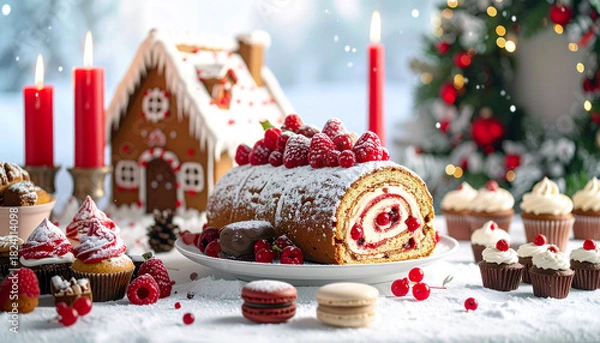 Fototapeta Indulge in holiday sweetness with a raspberry yule log cake, gingerbread house, and cupcakes for a festive celebration of joy and delicious treats