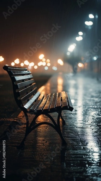 Fototapeta Solitary Bench in Rainy Twilight: An inviting wooden bench stands under the soft glow of streetlights amidst a serene rainy atmosphere. Its presence evokes a sense of calm reflection.