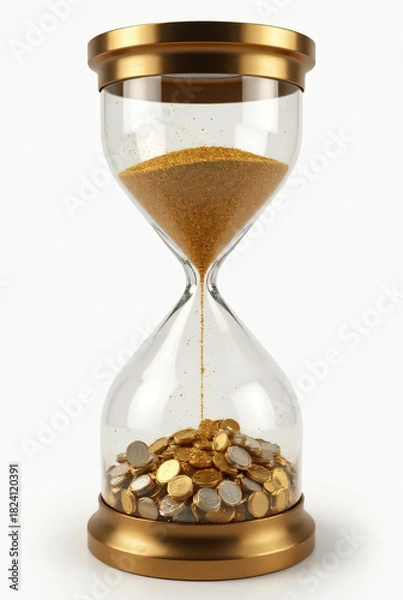 Fototapeta Time is money concept: golden hourglass with glitter and coins