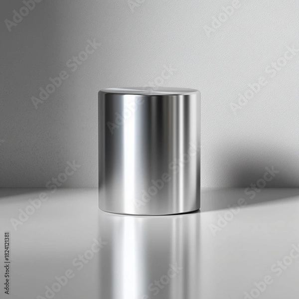 Fototapeta Minimalist Metallic Cylinder: A sleek, reflective metallic cylinder stands in a modern, uncluttered setting.