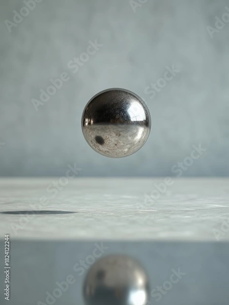 Obraz Sphere in Balance: A perfectly spherical metal object levitates, its polished surface reflecting the stark, minimalist environment, conveying a sense of weightlessness and equilibrium.