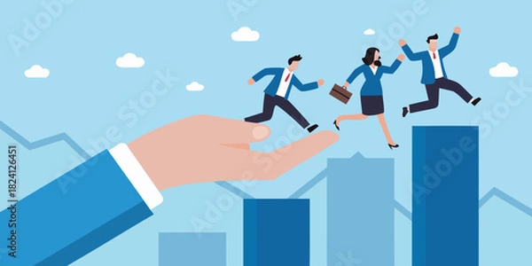 Fototapeta Business team progress supported by helping hand on growth chart