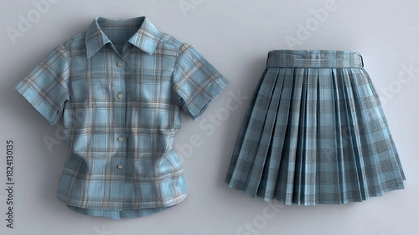 Obraz A set of school uniform, consisting of a short-sleeved plaid shirt and a pleated skirt in a pale blue with a light gray check pattern, shown in a front view, flat lay on a white background
