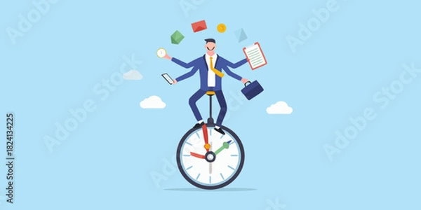 Fototapeta Multitasking businessman juggling tasks on a clock unicycle