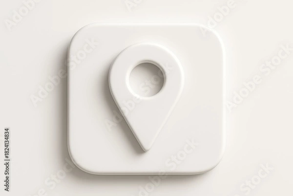 Fototapeta A soft white 3D location pin icon on a rounded square button, symbolizing navigation, maps, positioning, and place-related interface actions.