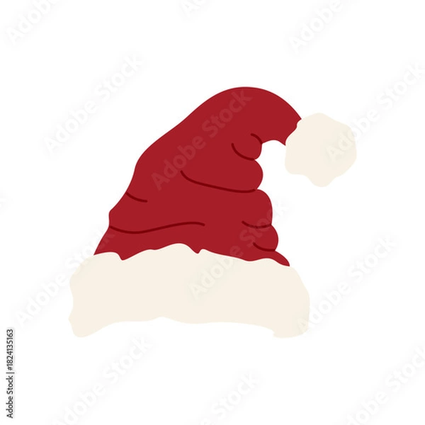 Fototapeta Santa hat with white trim. Classic red Christmas hat with a pom-pom. Flat vector illustration on a white background.