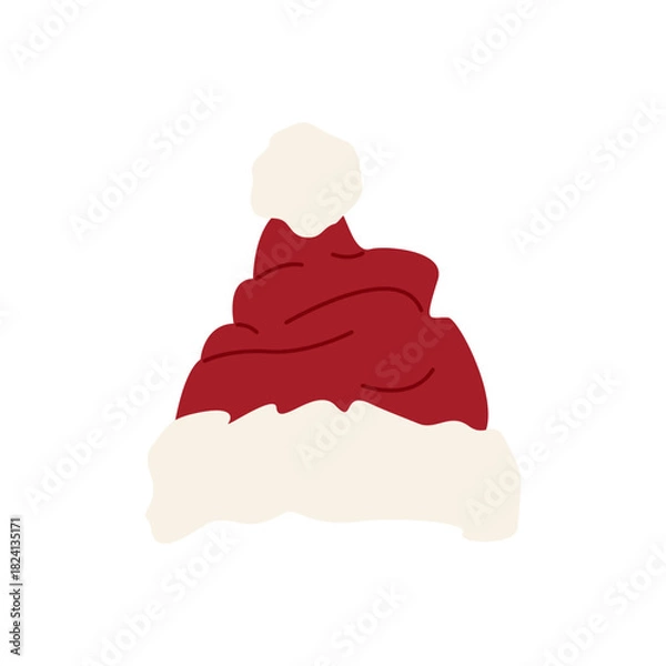 Fototapeta Santa hat with white trim. Classic red Christmas hat with a pom-pom. Flat vector illustration on a white background.