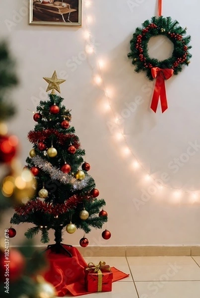 Fototapeta Festive Christmas Tree with Ornaments and Lights in a Warmly