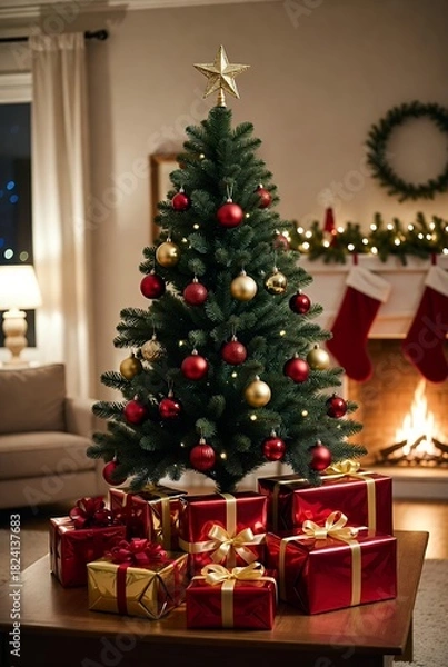 Fototapeta Festive Christmas Tree With Red And Gold Presents Cozy Fireplace