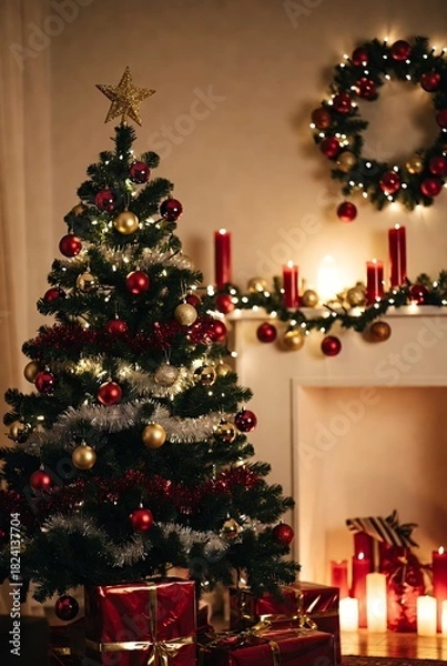 Fototapeta Festive Christmas Tree with Red and Gold Ornaments and Presents Below