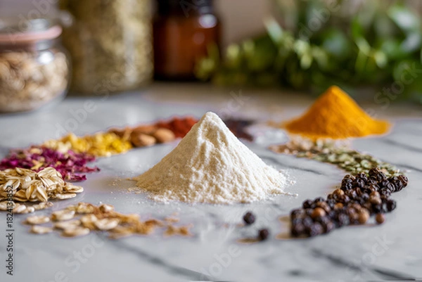 Fototapeta Circle of spices and grains surrounding a pile of flour