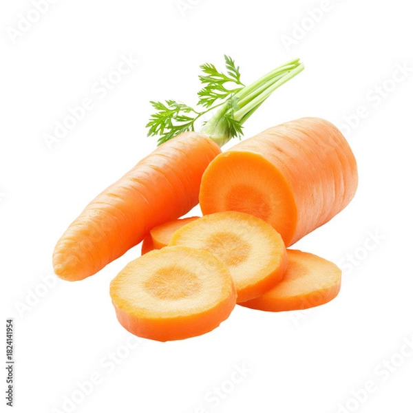Fototapeta Carrot and slices with greenery isolated