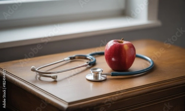 Obraz A red apple sits on a wooden table beside a medical stethoscope