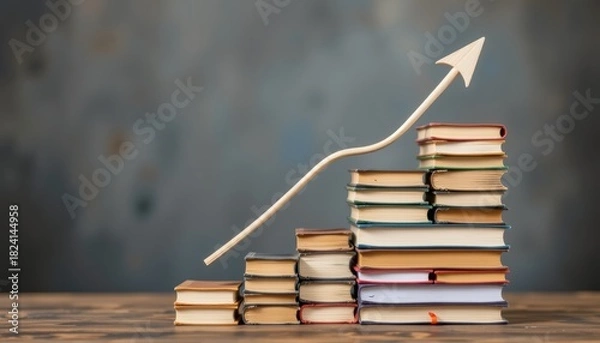 Obraz Stack of books forming an upward trend with an arrow, symbolizing growth and knowledge.