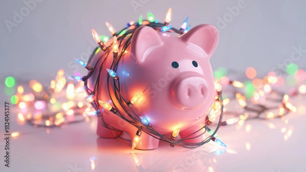Fototapeta Colorful lights wrap around a bright piggy bank, created AI