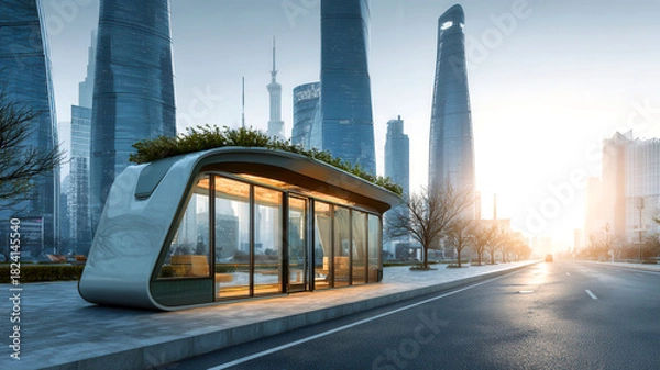 Obraz Eco-friendly bus stop shelter in a futuristic high-tech cityscape. Vegetation and sustainable materials for innovative use of public transport network.