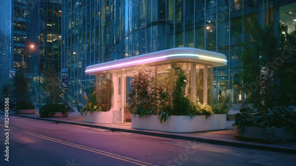Fototapeta Eco-friendly neon glowing bus stop shelter among futuristic city buildings. Vegetation and sustainable materials for innovative use of public transport network.