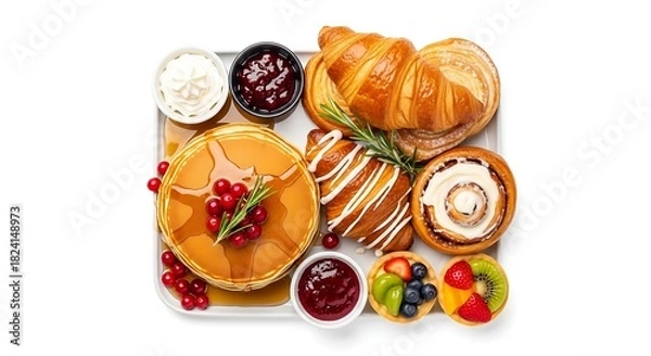 Fototapeta Breakfast pastries and pancakes on a white background