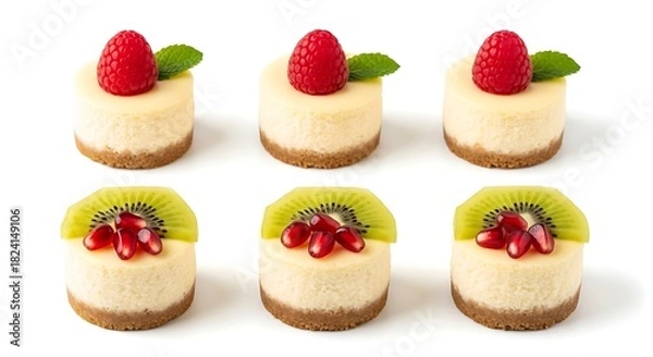 Obraz Mini cheesecakes with raspberry and kiwi fruit on white