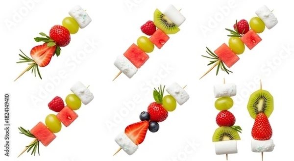 Fototapeta Colorful fruit skewers isolated on white background