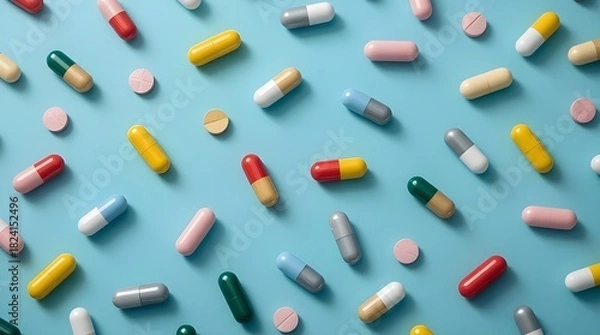 Obraz A vibrant assortment of multicolored capsules, tablets, and softgel pills is scattered randomly across a bright blue background. Each pill pops with bold, eye-catching colors.
