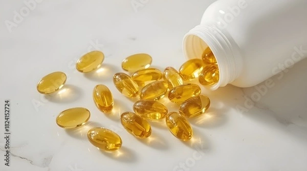 Obraz Fish oil capsule supplements lie on a table. The clean, bright background emphasizes freshness, clarity, and wellness, making the scene ideal for health-product marketing.
