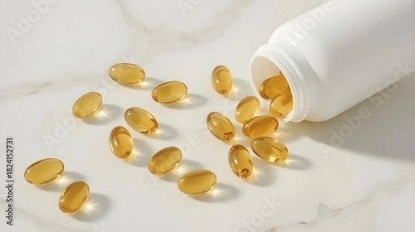 Obraz Supplement plastic bottle with capsules around it. The capsules have a glossy finish that reflects the light beautifully, highlighting their purity and high-quality formulation.