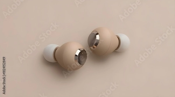 Obraz Positioned against a transparent background, a pair of beige earbuds highlights their clean, seamless build, ideal for pairing with devices for music, calls, or everyday use.