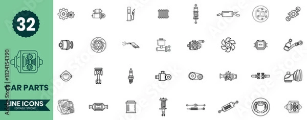 Obraz Car Parts Line Icons Set  Auto Spare Parts, Vehicle Components, Mechanical System Outline Icon Pack