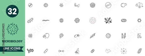 Obraz Microbiology Line Icons Set Bacteria, Viruses, Cells, Microorganisms & Laboratory Science Symbols