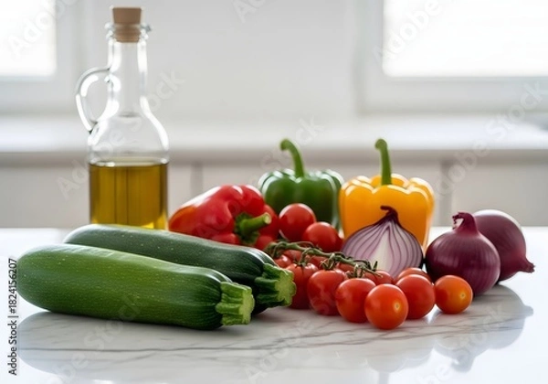 Obraz Assortment of fresh vegetables including zucchini with olive oil bottle on a bright kitchen counter